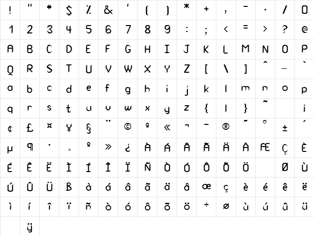 Lakeland Regular  glyph index