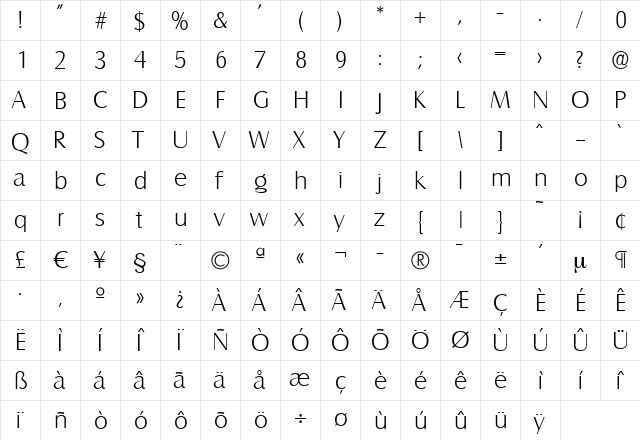 BillyBecker-ExtraLight Regular  glyph index