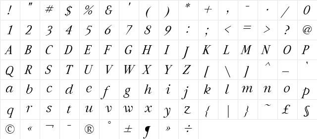 Artemius Light TT Regular Italic  glyph index