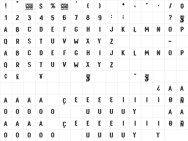 European War Regular  glyph index
