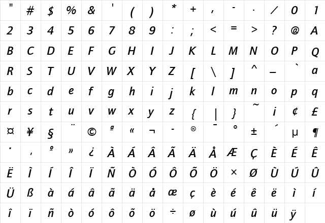 QuaySansMdITC Italic  glyph index