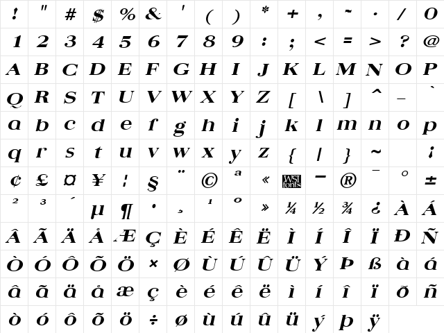 QuantasBroadExtrabold Italic  glyph index