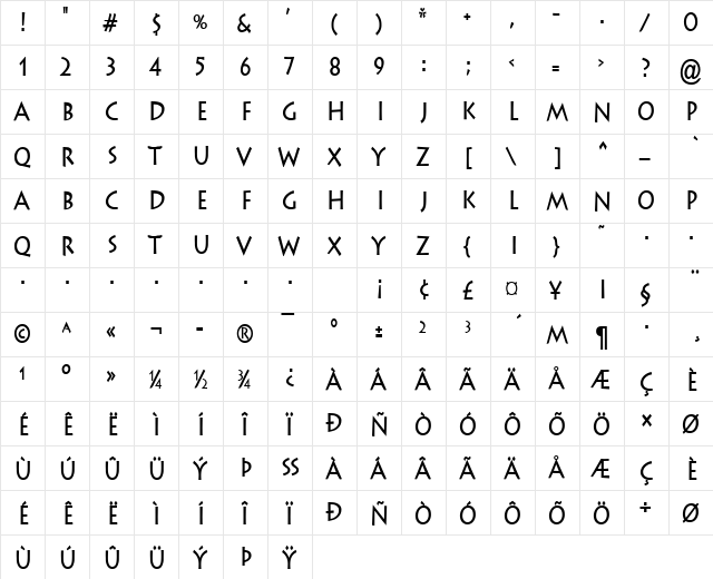 Liste-Condensed Bold  glyph index