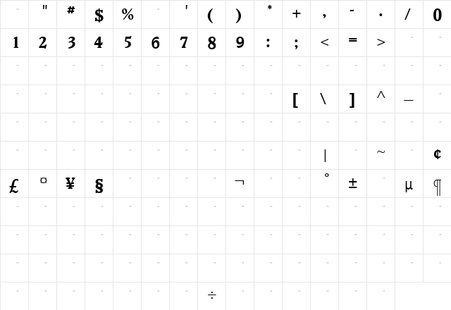 VeroneseBoldTab Medium  glyph index