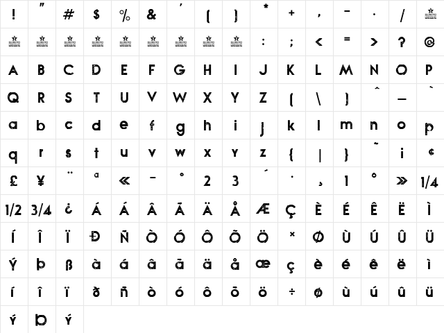 NOVA STAMP Bold  glyph index