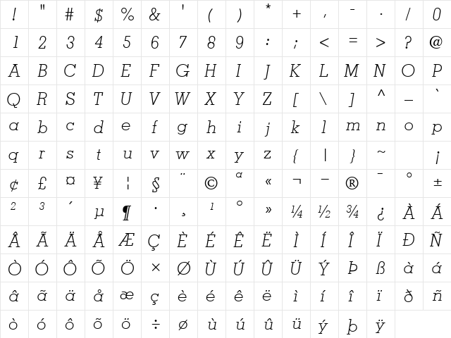 JaakLightSSK Italic  glyph index