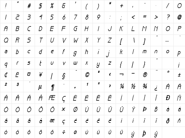 Basque Thin BoldItalic  glyph index