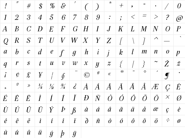 PB96TTP-Italic Regular  glyph index