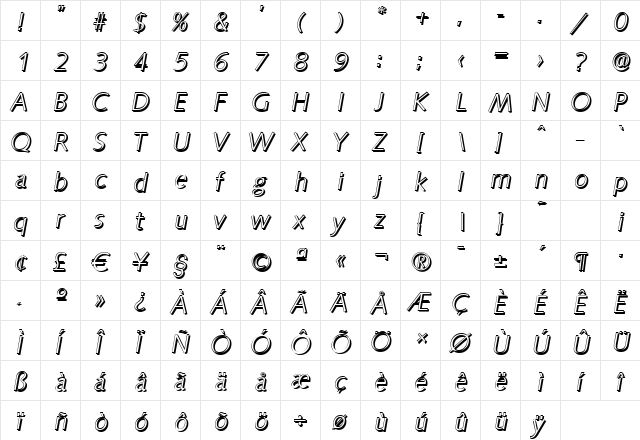 RogerBeckerShadow-Light Italic  glyph index