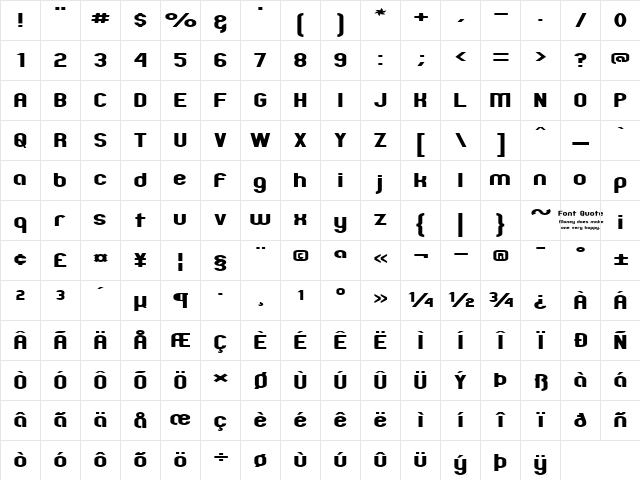 Zillah Modern Expanded Regular  glyph index