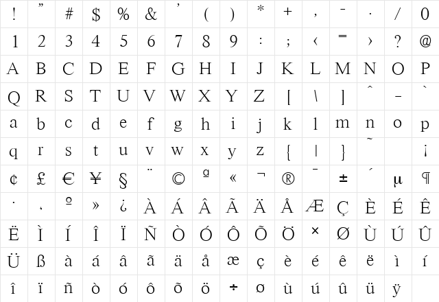 RiccioneSerial-Xlight Regular  glyph index