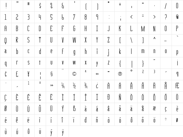 PeterPierreCondensed Regular  glyph index