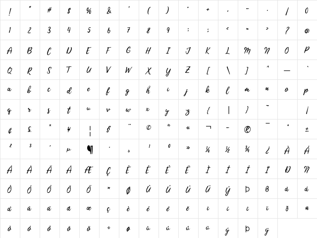 Belattis Regular  glyph index