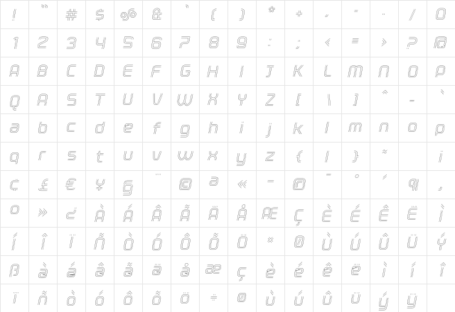 ClickLight Oblique Regular  glyph index