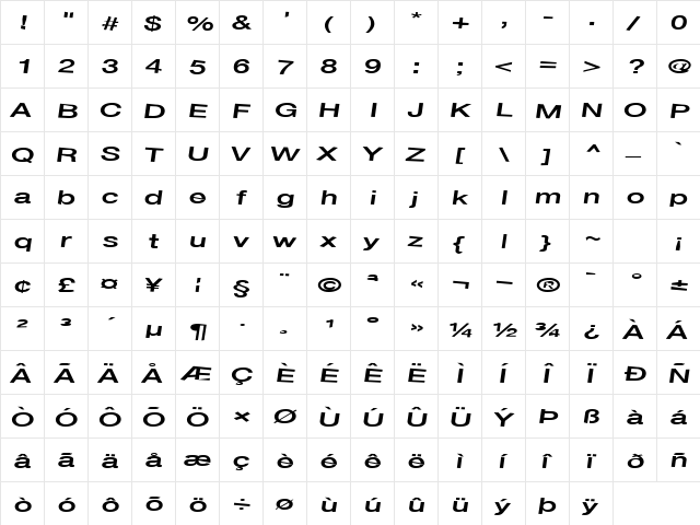 Font Regular  glyph index