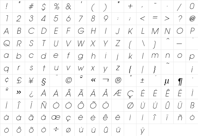 Avant Garde XLight Italic  glyph index