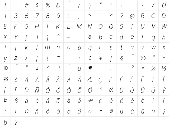 Expressway Xl Regular  glyph index