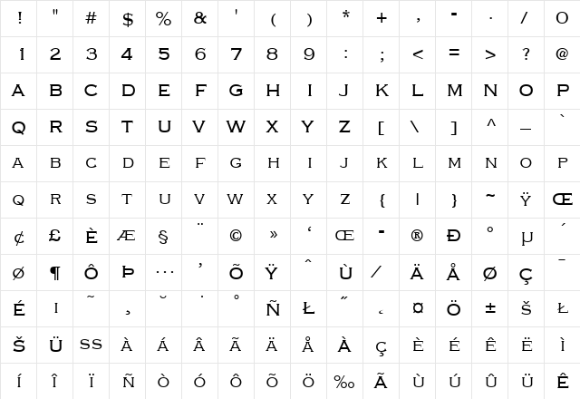 Copperplate-ThirtyTwoBC Regular  glyph index
