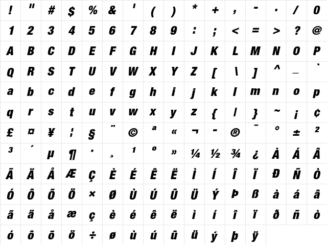 Helvetica Neue 97 Black Condensed Oblique  glyph index