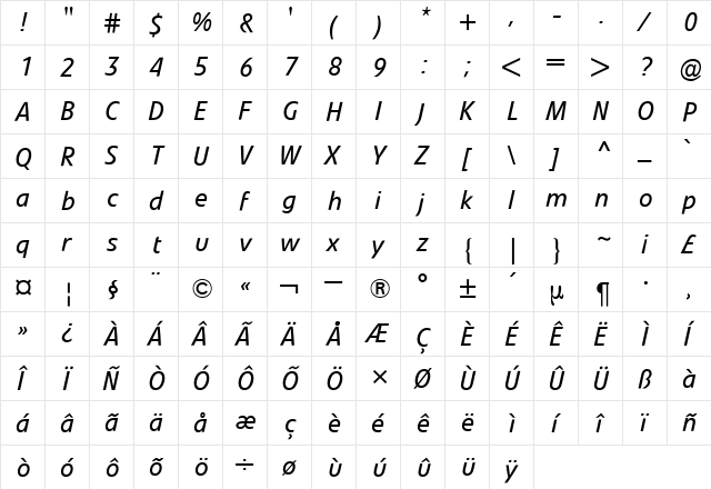 Evo BQ Italic  glyph index
