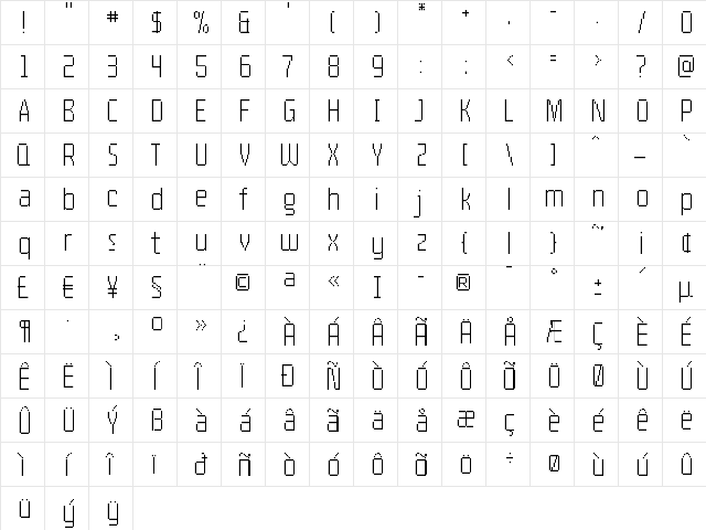 Pro55 Regular  glyph index