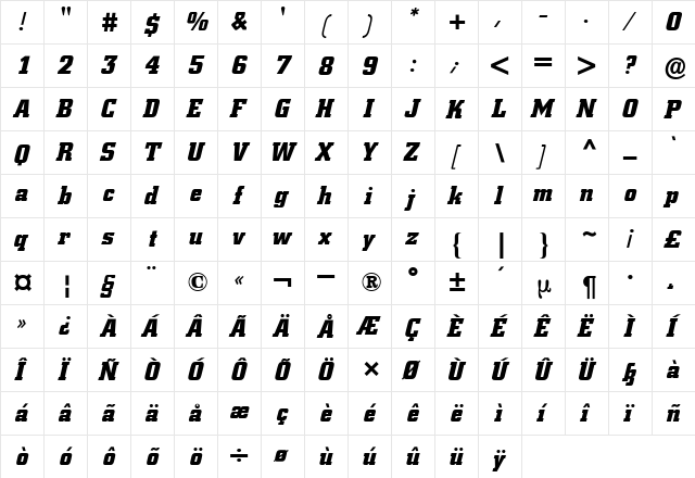 City BQ ItalicBold  glyph index