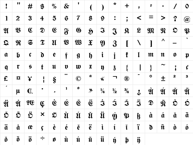 Wittenberger Frakt MT Bold  glyph index