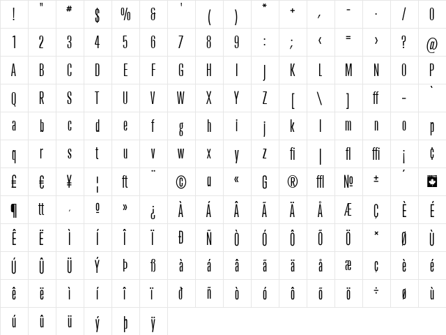 Trump Gothic East Regular  glyph index