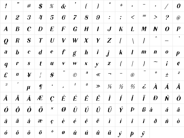 Garlic Sans Sans-Italic  glyph index