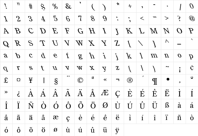 Century Old Style Lefty Regular  glyph index