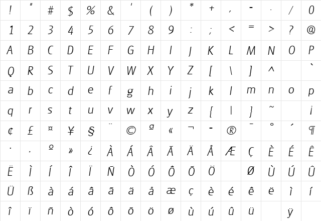 GlasgowLH Italic  glyph index