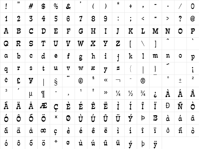 Expose Thin Condensed Bold  glyph index