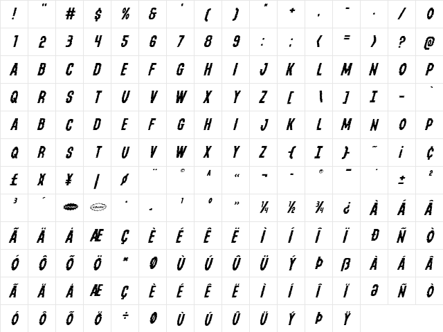 Yummy Mummy Expanded Italic Expanded Italic  glyph index