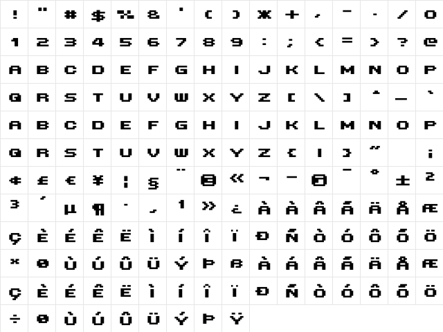 Mini 7 Extended Bold  glyph index