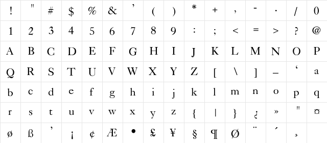 Caslon-Light Regular  glyph index