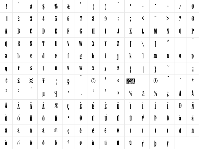 MarlboroCondensed Regular  glyph index