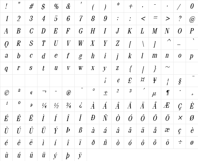Feline-Condensed Italic  glyph index