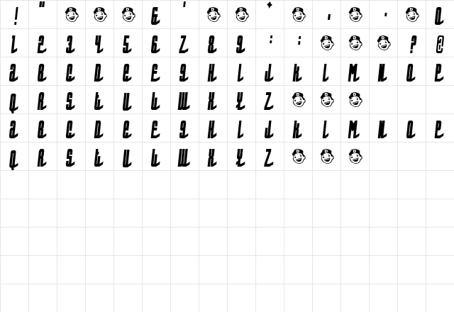 BoyToy Regular  glyph index