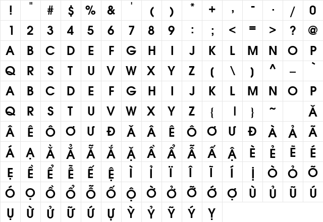 .VnAvantH Bold  glyph index