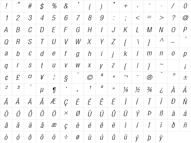 Helvetica Neue LT Com 47 Light Condensed Oblique  glyph index