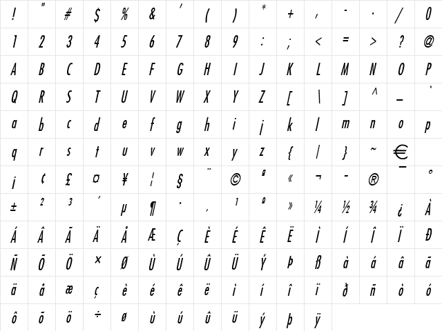 FujiThin Italic  glyph index