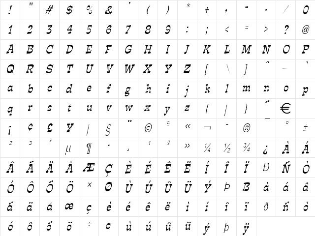 ExposeThinCondensed Italic  glyph index