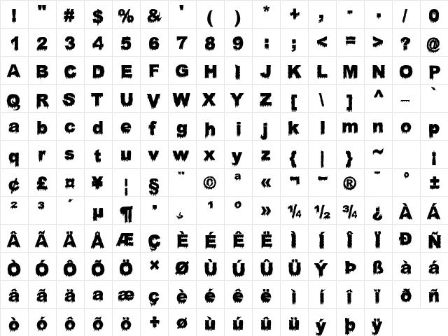 Bloody Stump Regular  glyph index