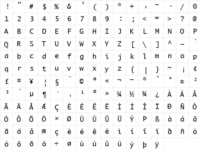 LucidaMonoEF Regular  glyph index