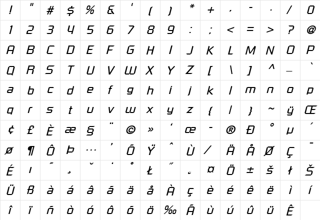 RussellSquare-Oblique Regular  glyph index