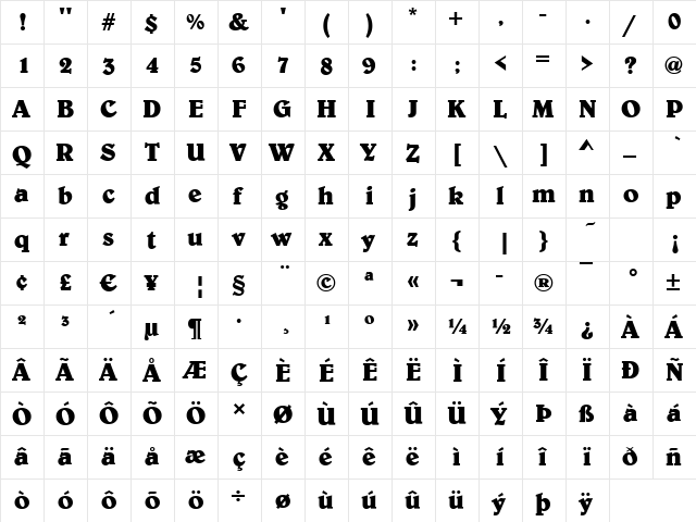 Benson-Bold Regular  glyph index