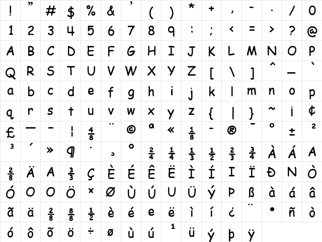 EMcomic Bold  glyph index