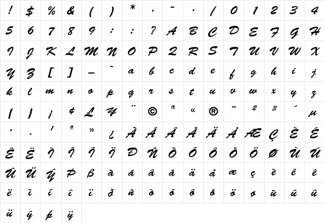 Brush Script Regular  glyph index