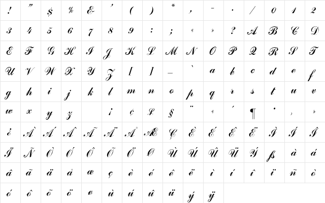 Commercial_Script Regular  glyph index