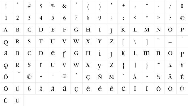 PF Garamond Classic Display Bold  glyph index